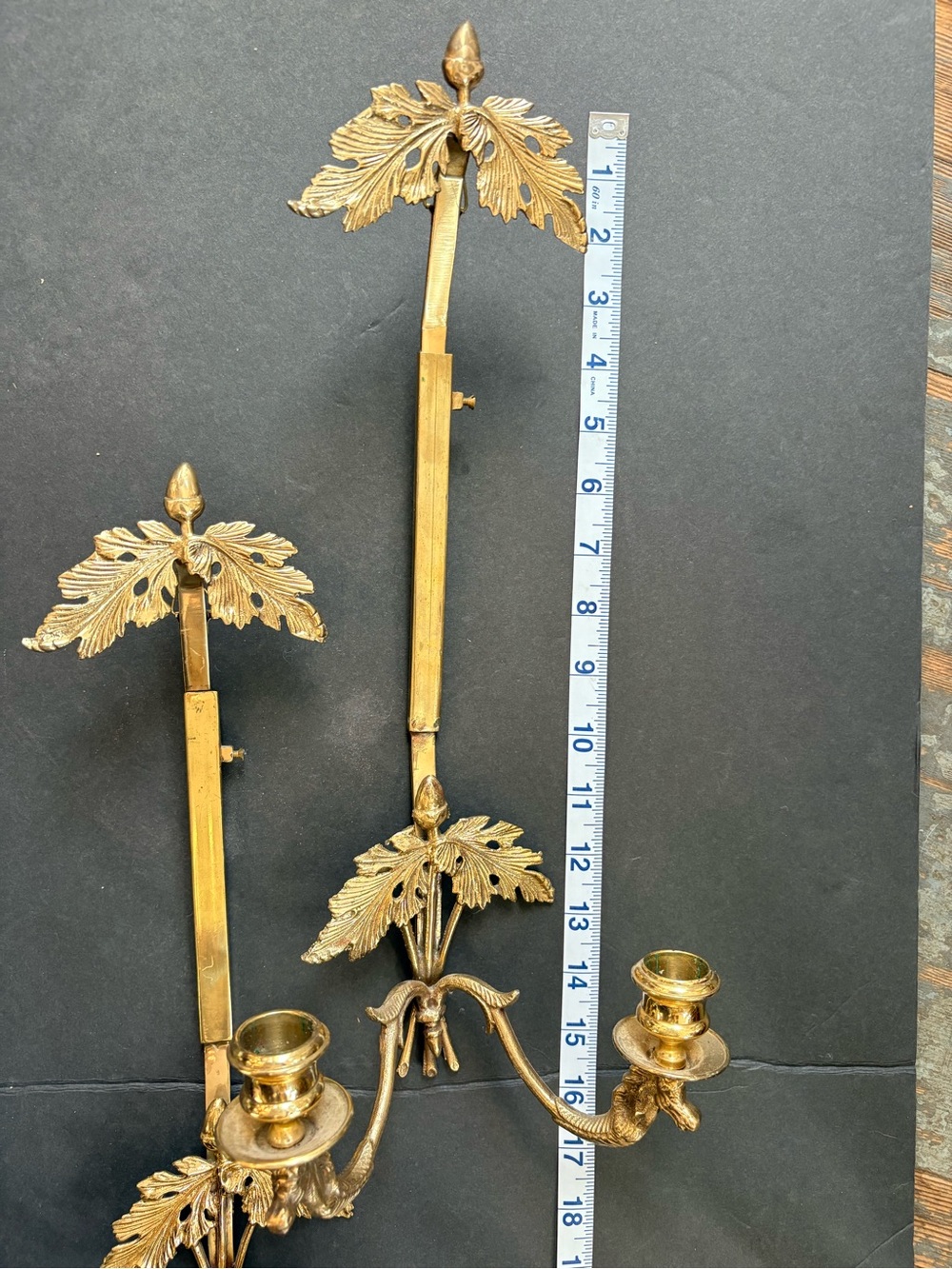 Vintage Hollywood Regency 16 inch Pair of Brass Wall Sconces With Oak and Horse - Picture 5 of 7
